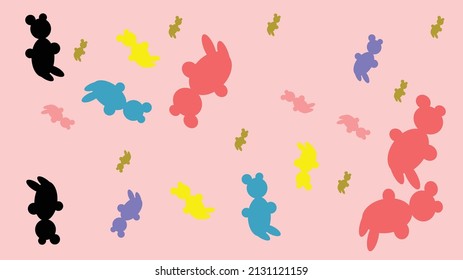 vector background with simple pattern. Silhouettes of a teddy bear in different colors and different sizes on a pink background.