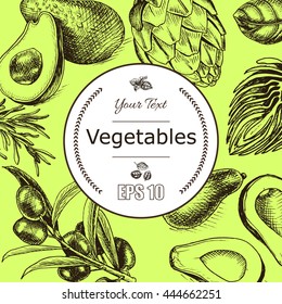 Vector background, sketch artichoke, avocado, olives, Basil, rosemary.
Illustration of vegetable.
