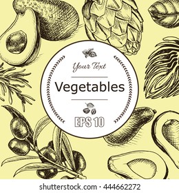 Vector background, sketch artichoke, avocado, olives, Basil, rosemary.
Illustration of vegetable.
