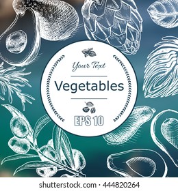 Vector background, sketch artichoke, avocado, olives, Basil, rosemary.
Illustration of vegetable.
