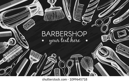 Vector background with sketch barbersop icons on the blackboard