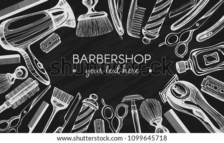 Vector background with sketch barbersop icons on the blackboard