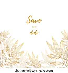 Vector background with sketch botanical golden branche for wedding invitation