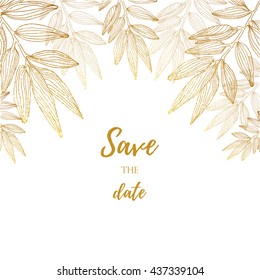 Vector background with sketch botanical golden branche for wedding invitation