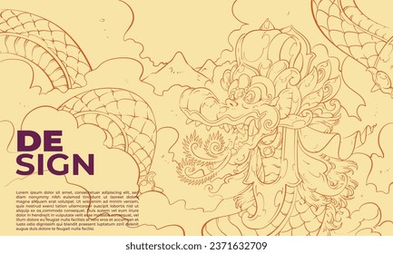 Vector background sketch design, dragon sketch with Balinese style, and text dummy. Perfect for creative design background, banner, flayer, graphic design, etc.