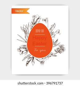 Vector background sketch Easter eggs and spring flowers.
Easter card with eggs and flowers