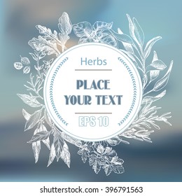 Vector background sketch herbs.
Herbs - Bay leaf, dill, thyme, sage, rosemary, Basil, parsley, arugula.
Mesh - realistic landscape.