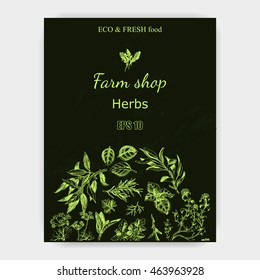 Vector background sketch herbs.
Herbs - Bay leaf, dill, thyme, sage, rosemary, Basil, parsley, arugula
Card herbs.