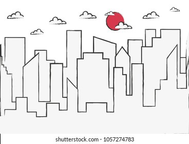 Vector background sketch illustration with city and sky.