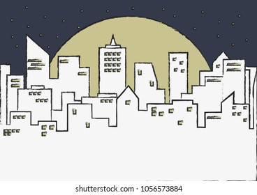 Vector background sketch illustration with night city, sky and stars.