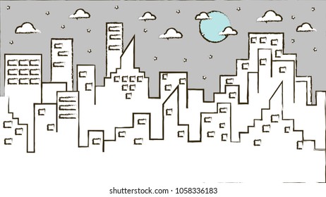 Vector background sketch illustration with night city, sky and moon.