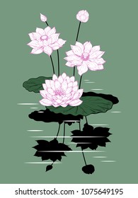 Vector background with a sketch of lotus flowers . Floral template in vintage style. Flower composition.