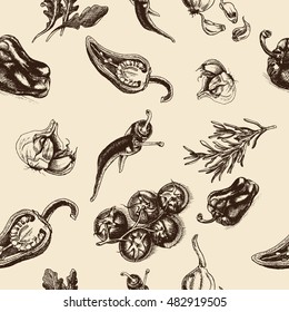 Vector background sketch pepper, chili, garlic, tomatoes, arugula, rosemary.
Illustration of vegetable and herbs.