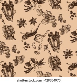 Vector background sketch star anis, clove, cardamom, vanilla, cinnamon, garlic, ginger, chili pepper.
Pattern spices.