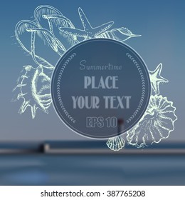 Vector background sketch summer.
Mesh sea.
Slippers, seashells