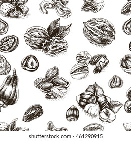 Vector background sketch walnuts, peanut, cashew, hazelnut, almonds, pistachio nut.