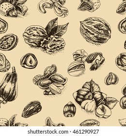 Vector background sketch walnuts, peanut, cashew, hazelnut, almonds, pistachio nut.