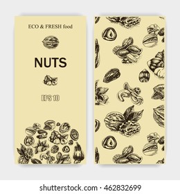 Vector background sketch walnuts, peanut, cashew, hazelnut, almonds, pistachio nut.
Corporate style - nuts.