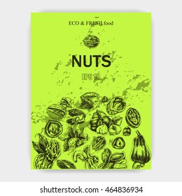Vector background sketch walnuts, peanut, cashew, hazelnut, almonds, pistachio nut.
Corporate style - nuts.