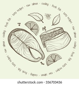 vector background with sketched salmon slices and spices