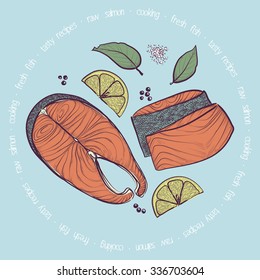 vector background with sketched salmon slices and spices
