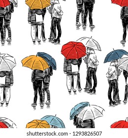 Vector background of sketches of people in the rain