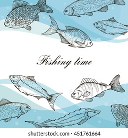 Vector background with sketches of various fishes and plants. Flyer, booklet for advertising and design. Outline silhouettes handmade: bream, carp, trout, salmon, sturgeon, perch