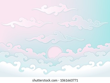 Vector background, sky and fairy childish clouds, pastel colors, horizontal format.