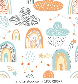 Vector Background. Sky with Rainbows and Clouds. open Space. Scandinavian Style Seamless Pattern