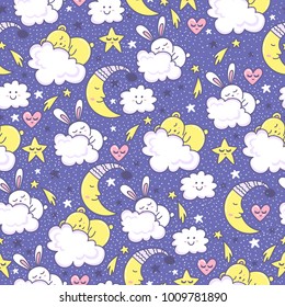 Vector background with sleeping bunny and bears, moon, hearts, clouds and stars. Hand drawn seamless pattern with cute animal and design elements. 