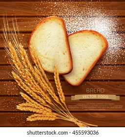vector background with slices of sliced bread (loaf) lying on the wooden background of scattered with flour and wheat ears