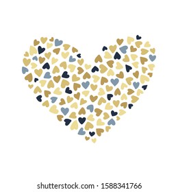 Vector background with small blue and golden hearts arranged in hearty shape isolated on white. Romantic childish art for Valentine Day. Love hearty backdrop.