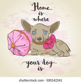 Vector background with small dog on a pillow and lettering.