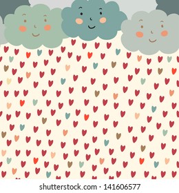 Vector background with smiling clouds and rain from color hearts