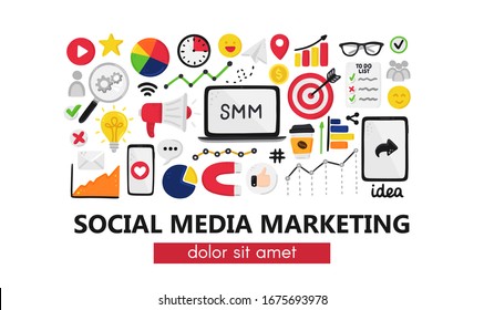 Vector background with smm elements. Social Media Marketing. Reach and promotion among target audience. Landing page, banner, mailing, presentation, header. Advertising for marketers, digital agency