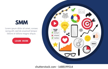 Vector background with smm elements. Social Media Marketing. Reach and promotion among target audience. Landing page, banner, mailing, presentation, header. Advertising for marketers, digital agency