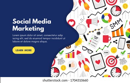 Vector background with smm elements. Social Media Marketing. Reach and promotion among target audience. Landing page, banner, mailing, presentation, header. Advertising for marketers, digital agency