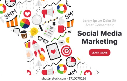 Vector Background With Smm Elements. Social Media Marketing. Reach And Promotion Among Target Audience. Landing Page, Banner, Mailing, Presentation, Header. Advertising For Marketers, Digital Agency