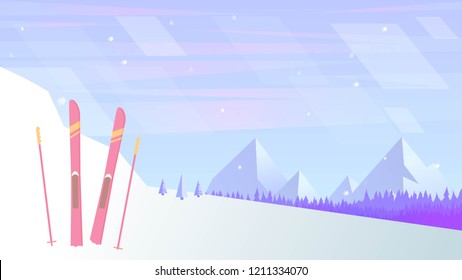 
Vector background with snow, skiis, forest and mountains, made in soft violet colors.