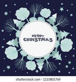 Vector background with snow-covered trees, firs and shrubs for the design of holiday cards and flyers.