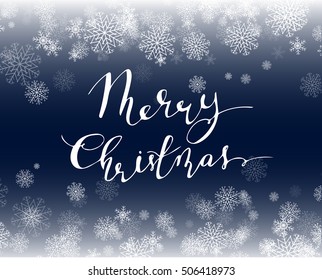 Vector background with snowflakes and handwritten Merry Christmas with bouncing letters