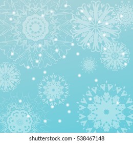 vector background with snowflakes, snow, white on blue. drawing for a card, christmas winter