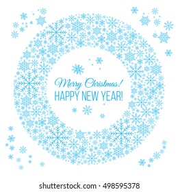 Vector background with snowflakes wreath. New year and Christmas greeting card