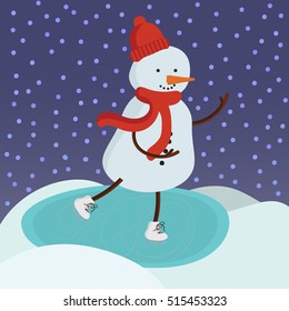 Vector background with snowman. Cute snowman ice skating.