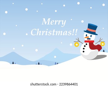 Vector background with snowman and winter mountain scenery with the words merry christmas, can be used for poster, banner, flyer, invitation, website, or greeting card. vector illustration