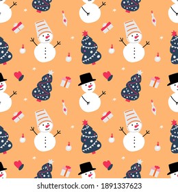 Vector background with snowmen, christmas trees and presents. New year cartoon seamless pattern.