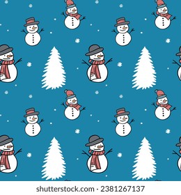 Fondo vectorial. Hombres de nieve, árboles de Navidad, Año Nuevo, Navidad. Divertido, sin costura.