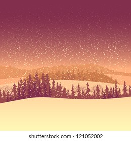 Vector background of snowy coniferous wood with valley under snowfall in red tone.