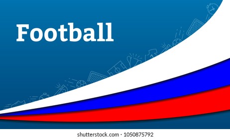 Vector background with soccer equipment. soccer world tournament. Ball, football field, boots, T-shirt, gates, cup, red and yellow card, whistle, stopwatch. . Line design objects.