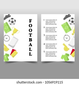 Vector background with soccer equipment. Soccer world tournament. Ball, football field, boots, T-shirt, gates, cup, red and yellow card, whistle, stopwatch. . Line design objects.